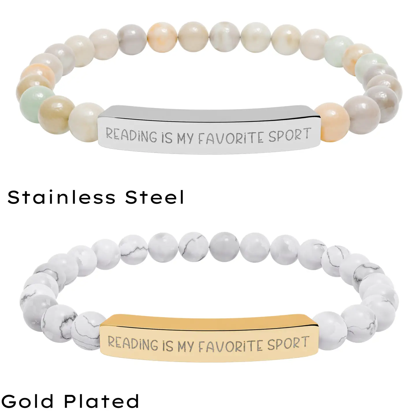 Reading is My Favorite Sport Natural Stone Stretch Bar Bracelet - Image 2